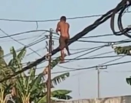 Wong Edan Bebas Nangkring Di Tiang Telkom