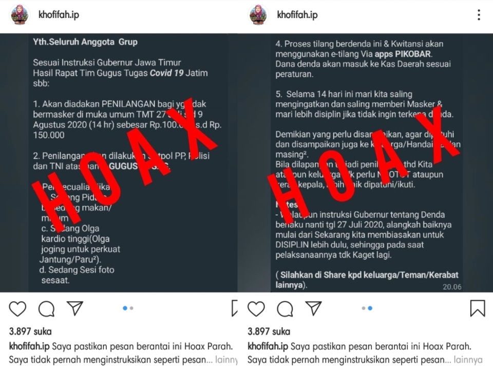 Pesan Berantai WA Penilangan Masker, Gubernur Jatim Pastikan Itu Hoax