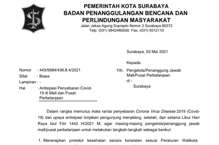 Antisipasi Penyebaran Covid-19, Pemkot Surabaya Keluarkan Surat Edaran untuk Pengelola Mal