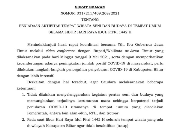 Pengumuman! Seluruh Objek Wisata di Blitar Ditutup Selama Libur Lebaran