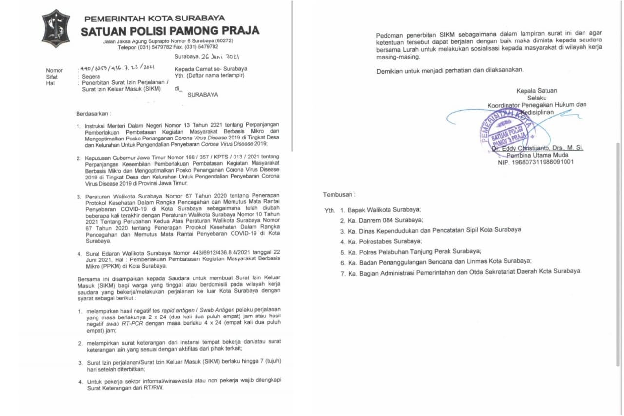 Aktivitas di Surabaya Mulai Diterapkan Surat Izin Keluar Masuk