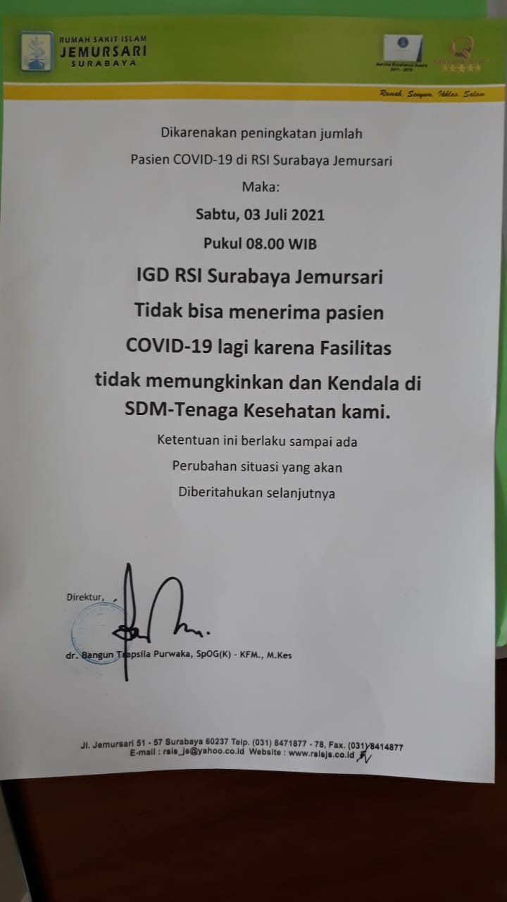 Pasien Covid-19 Melonjak, RSI Jemursari Surabaya Ditutup Sementara