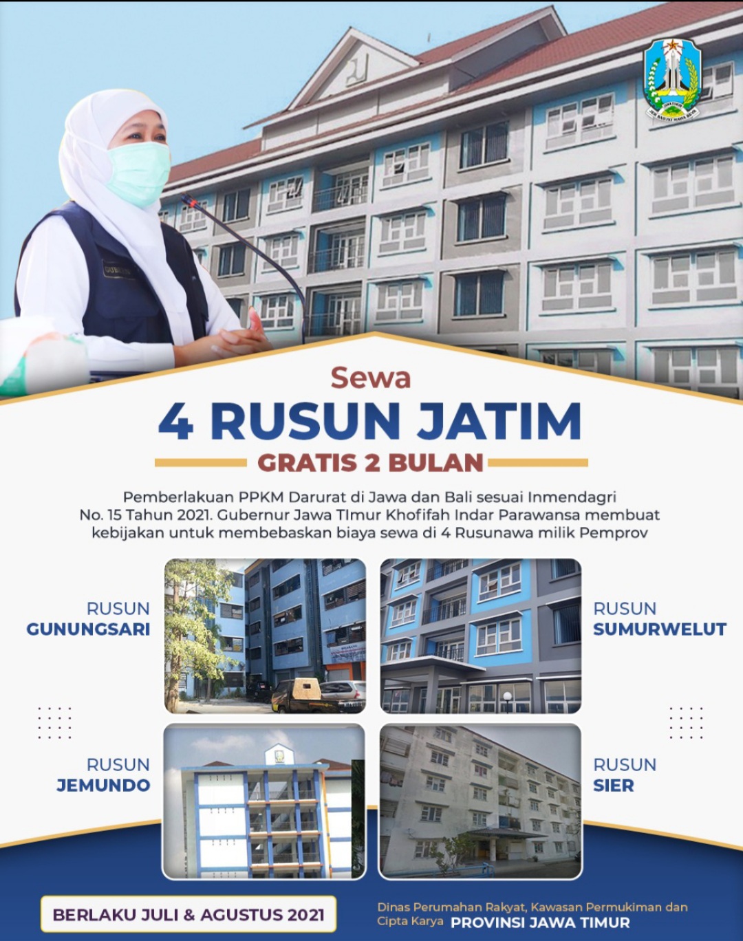 Gubernur Khofifah Bebaskan Sewa Empat Rumah Susun Bantu PPKM Darurat