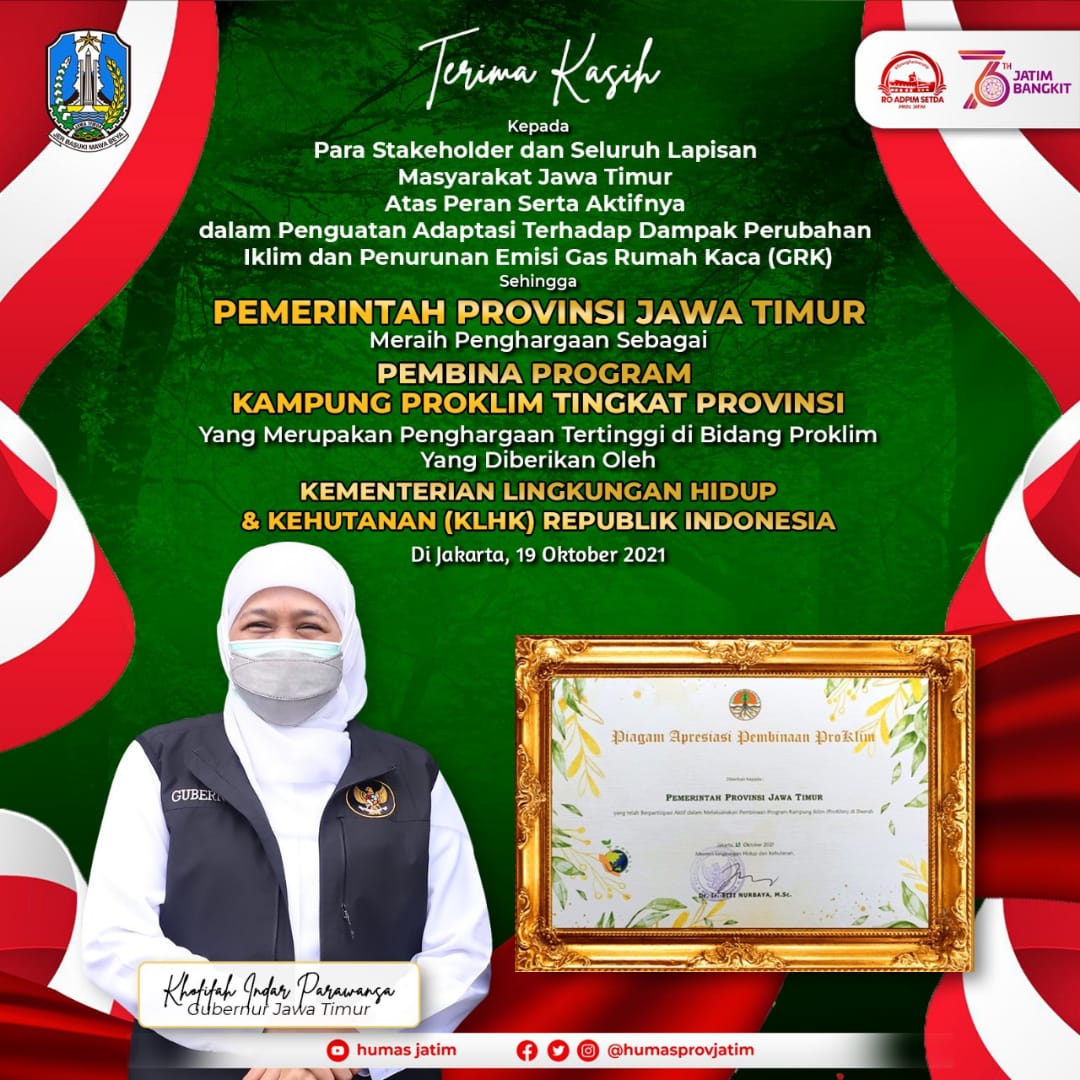 Selamat!! Pemprov Jatim Raih Penghargaan Proklim 2021 dari KLHK