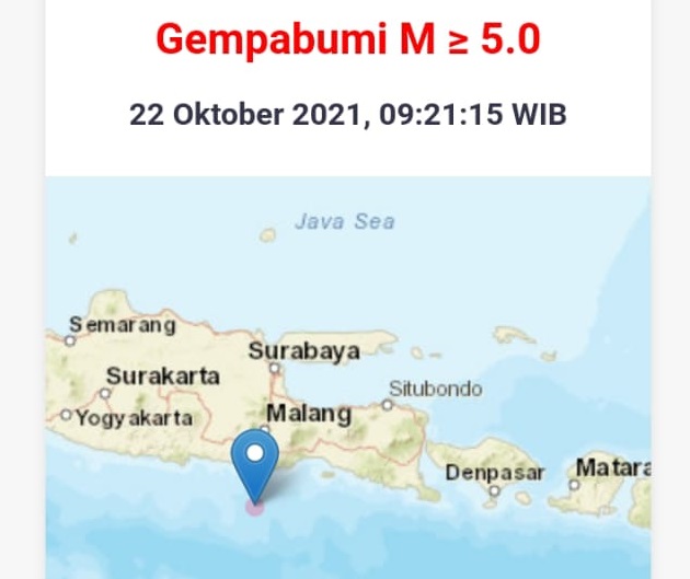 Gempa 5,3 SR Terjadi di Malang dan Jatim Selatan