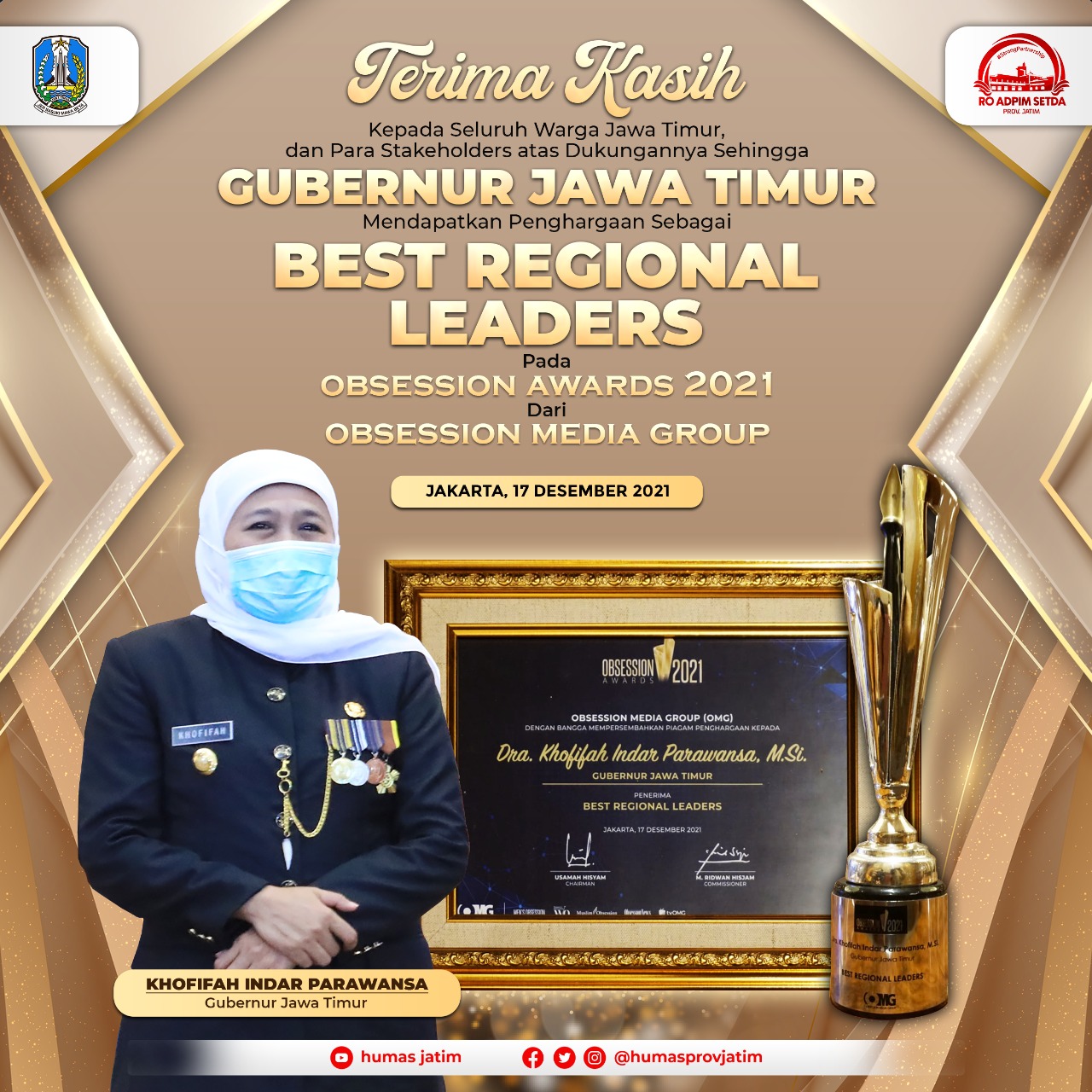 Gubernur Khofifah Terima Penghargaan Best Regional Leaders di Ajang Obsession Award 2021