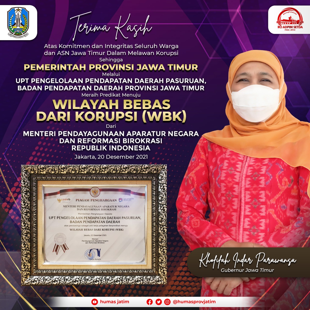 Samsat Jatim Berpredikat Wilayah Bebas Korupsi