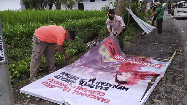 Tak Berizin, Satpol PP Lumajang Robohkan Baliho Puan di Daerah Bencana Semeru
