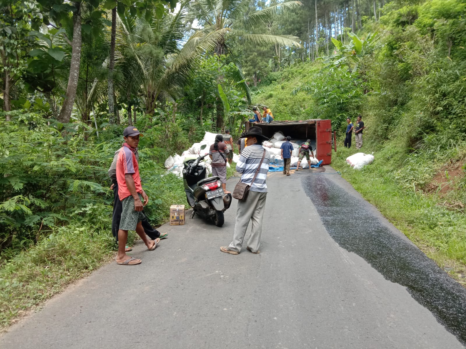 Bawa Muatan Penuh, Truk Tak Mampu Menanjak Akhirnya Terguling
