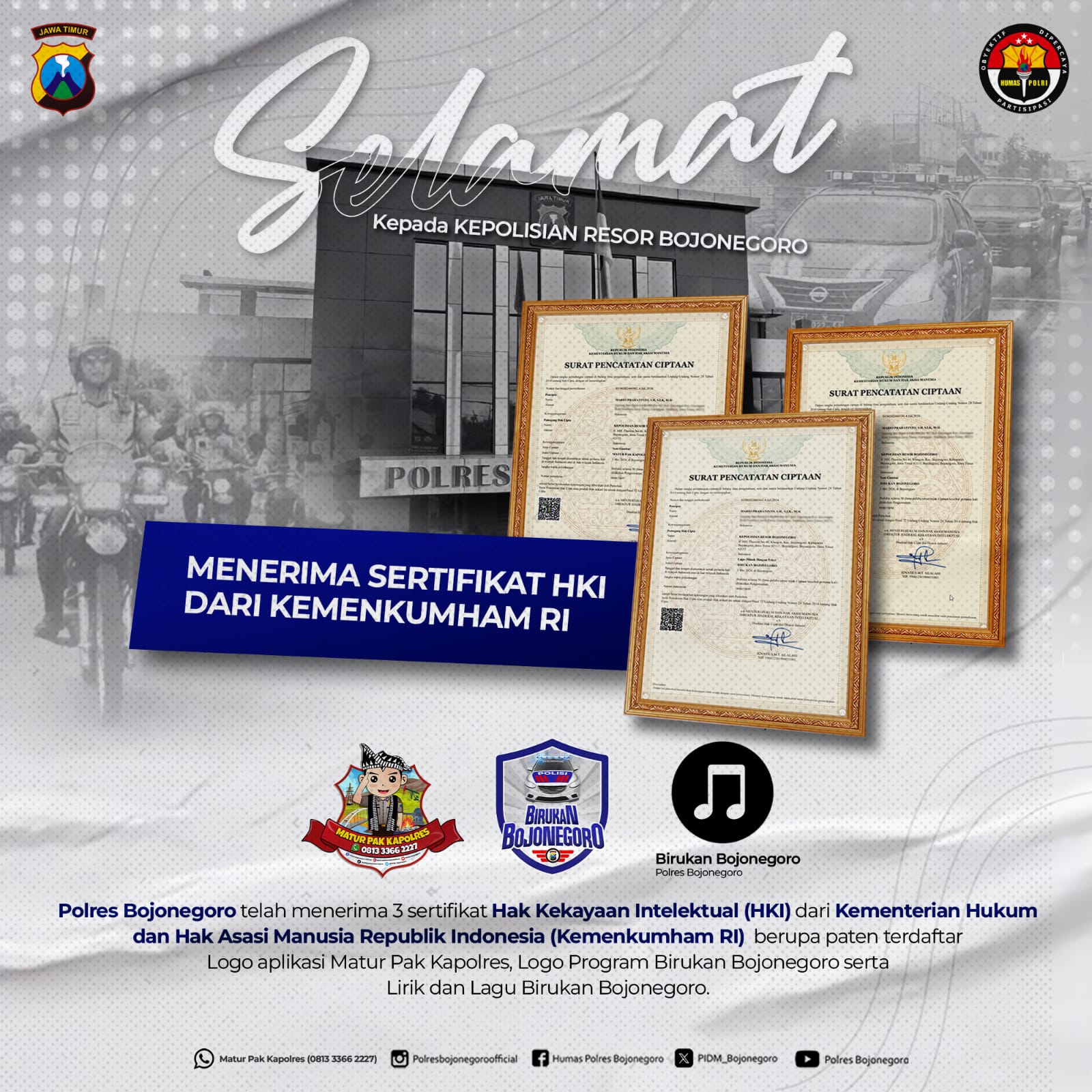Polres Bojonegoro Terima Tiga Sertifikasi Hak Paten dari Kemenkumham