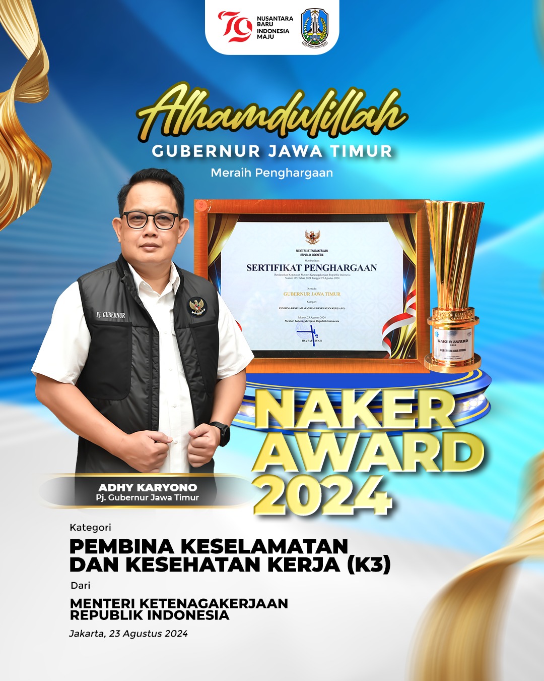 Jatim Raih Penghargaan Pembina K3 Terbaik Keenam Kalinya, Pj. Gubernur Adhy Pesankan Keselamatan dan Kesehatan Kerja Jadi Prioritas