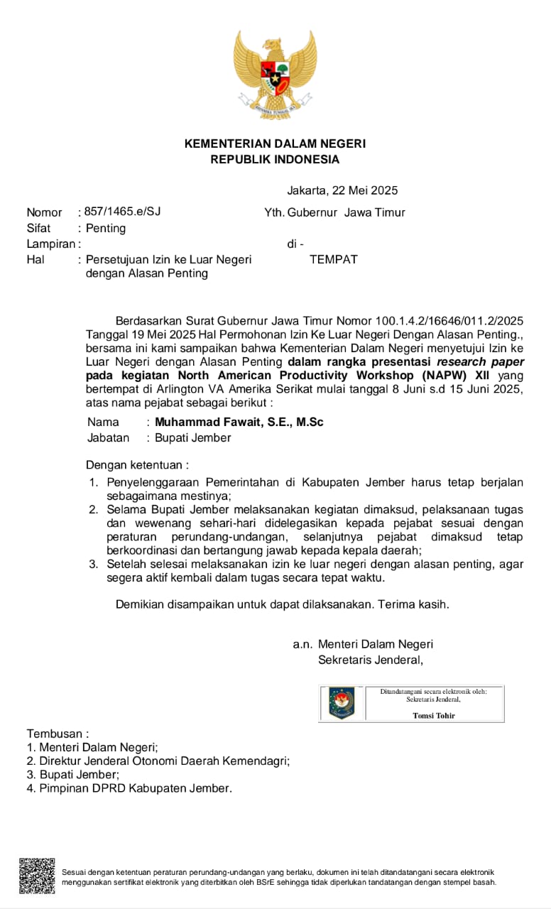 Bupati Jember ke Amerika Serikat, Ketua DPRD Jember Konfirmasi Surat Izin via Online