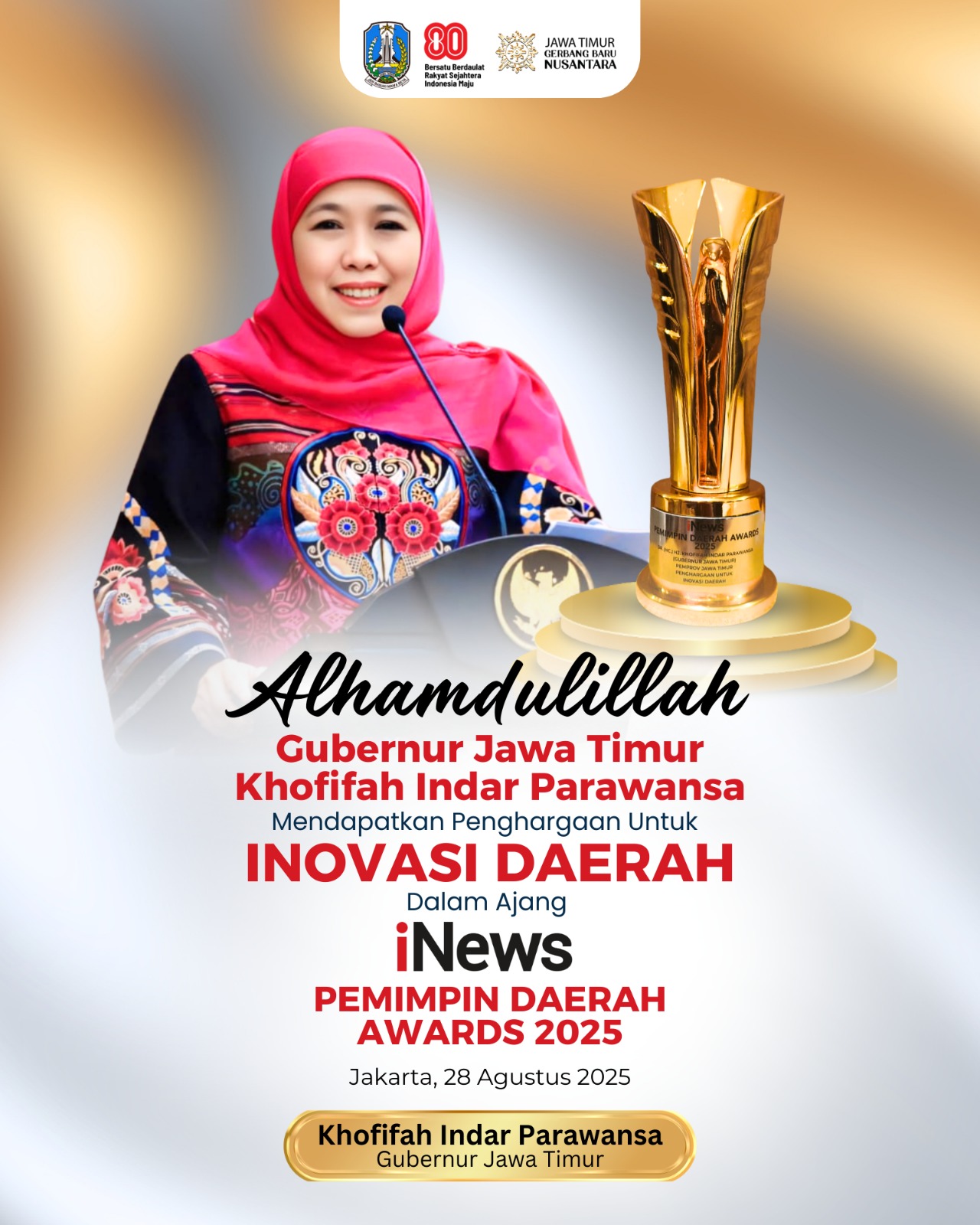 Trans Jatim Jadi Inovasi Terbaik, Gubernur Khofifah Raih Penghargaan Pemimpin Daerah Awards 2025