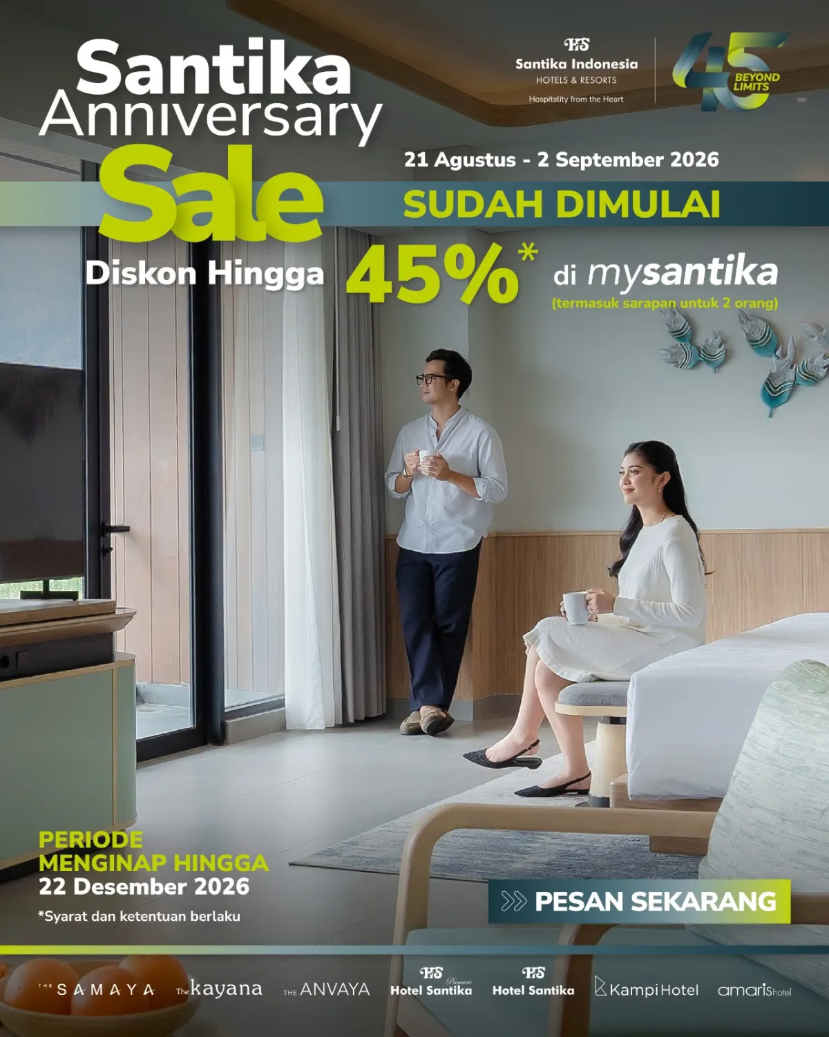 Sambut HUT Ke-45, Hotel Santika Gresik Tebar Promo Menginap Hemat hingga 45 Persen