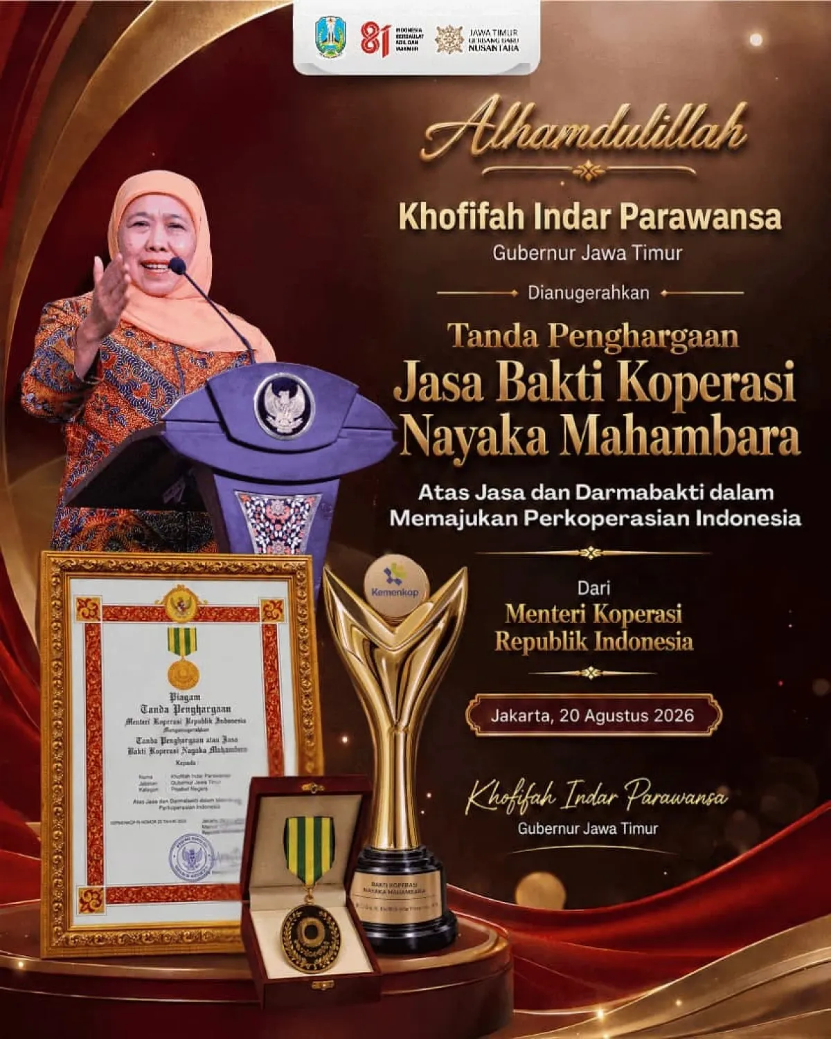 Khofifah Raih Penghargaan Jasa Bakti Koperasi, Jatim Perkuat Ekonomi Kerakyatan