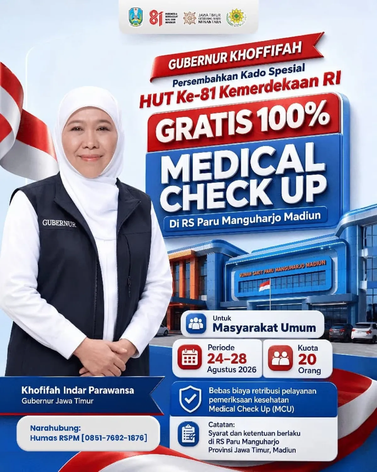 Gubernur Khofifah Gratiskan MCU di RS Paru Manguharjo, Warga Bisa Cek Kesehatan Tanpa Biaya