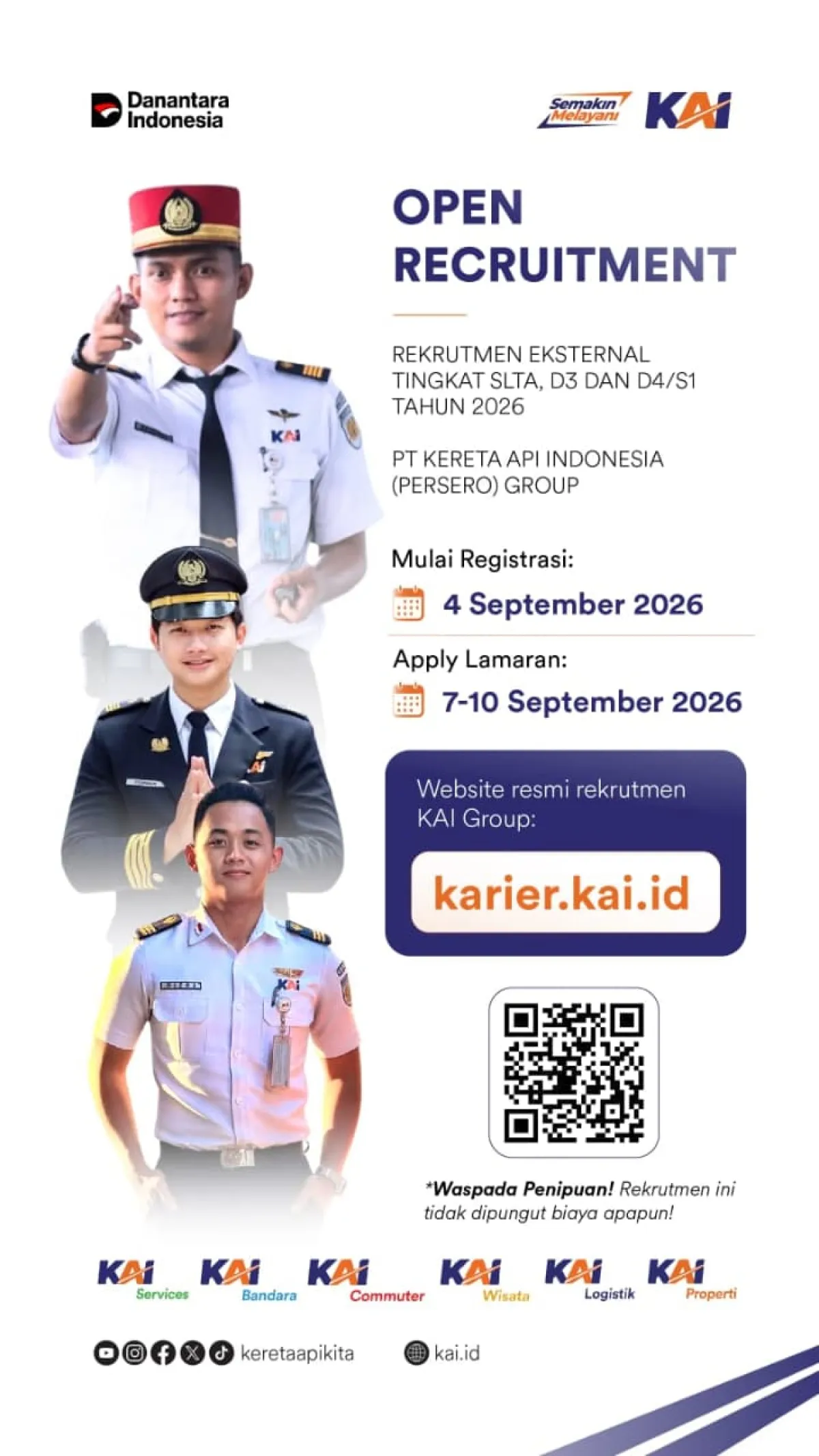 PT KAI Buka Rekrutmen Eksternal 2026 Jenjang SLTA hingga S1, Pendaftaran Mulai 4 September