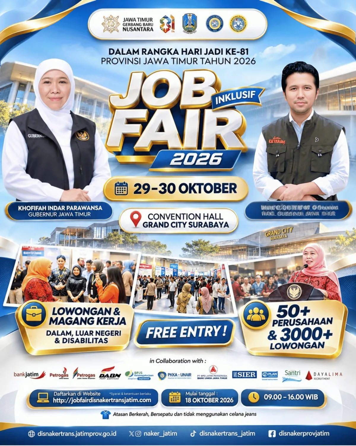 Gubernur Khofifah Ajak Masyarakat Manfaatkan Job Fair Inklusif 2026 di Grand City Surabaya