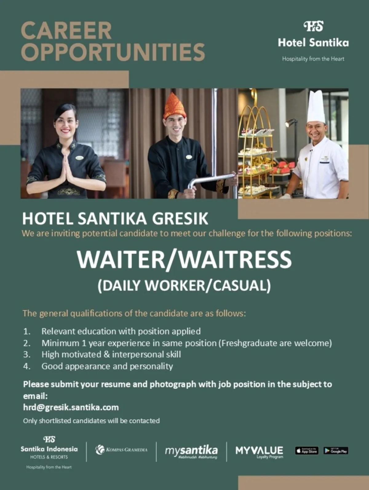 Hotel Santika Gresik Buka Lowongan Kerja Waiter/Waitress Daily Worker, Simak Persyaratannya