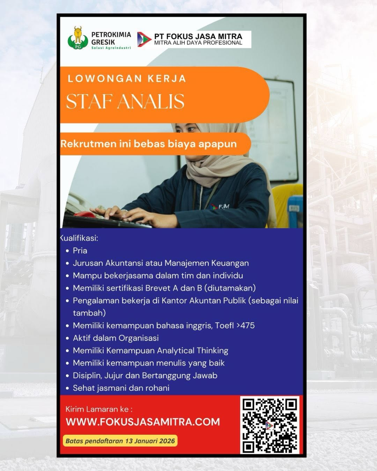Salah satu posisi yang dibuka dalam pengumuman lowongan kerja di PT FJM Gresik (Dok/FJM)