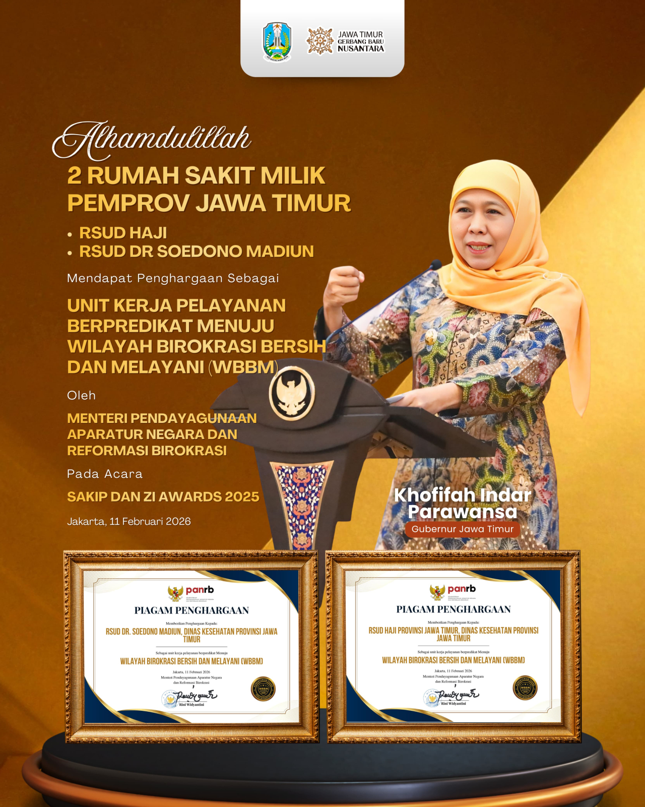 Dua RSUD Pemprov Jatim Sabet Predikat WBBM 2025, Gubernur Khofifah: Bukti Nyata Birokrasi Bersih
