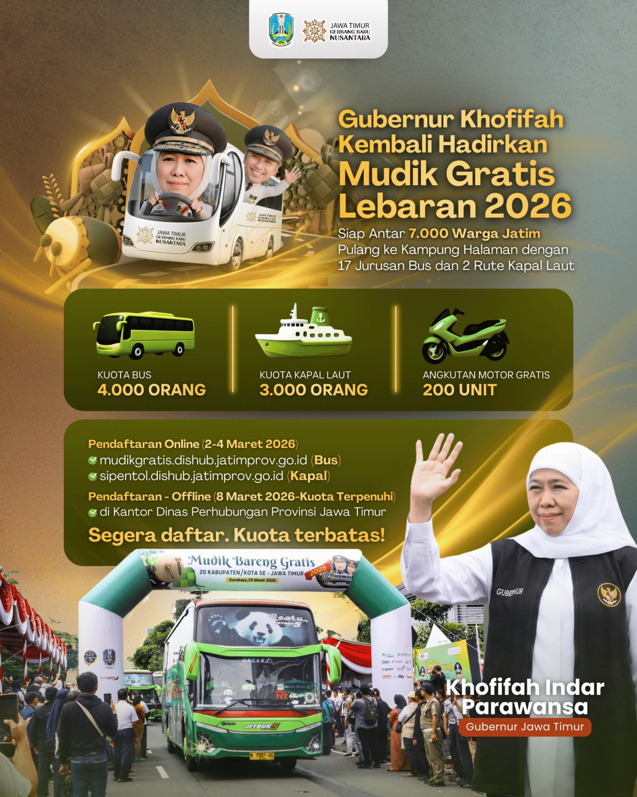 Gubernur Khofifah Kembali Gelar Program Mudik Gratis, Siap Antar 7.000 Warga Jatim Pulang ke Kampung Halaman
