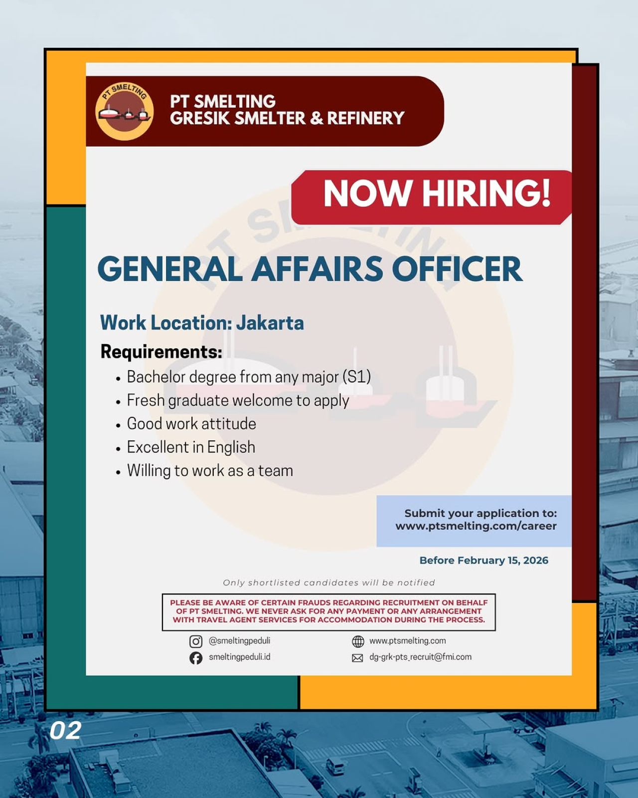 Informasi lowongan kerja General Affairs Officer PT Smelting, penempatan di Jakarta (Dok/Smeltingpeduli)