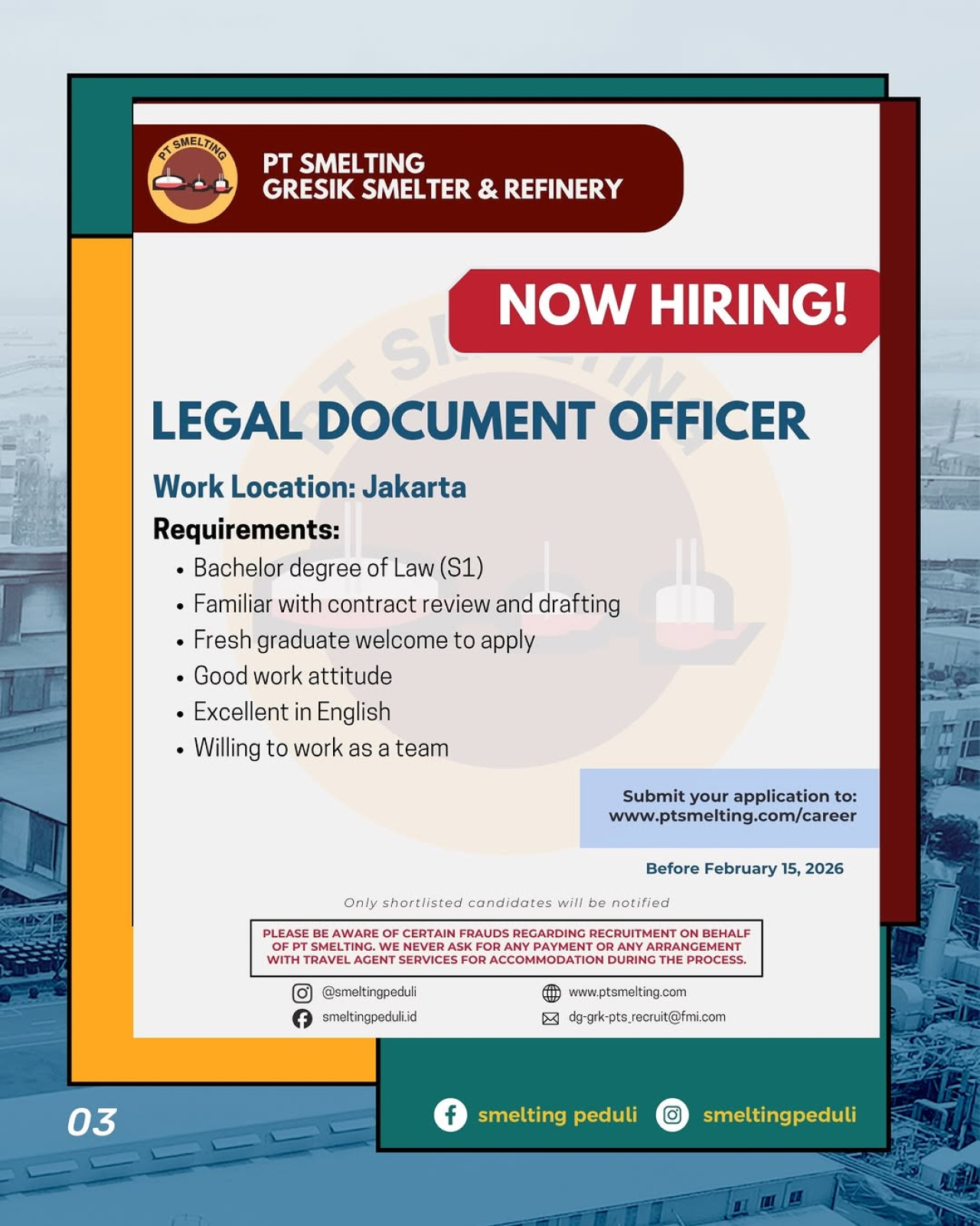 Informasi lowongan kerja Legal Document Officer PT Smelting, penempatan di Jakarta (Dok/Smeltingpeduli)