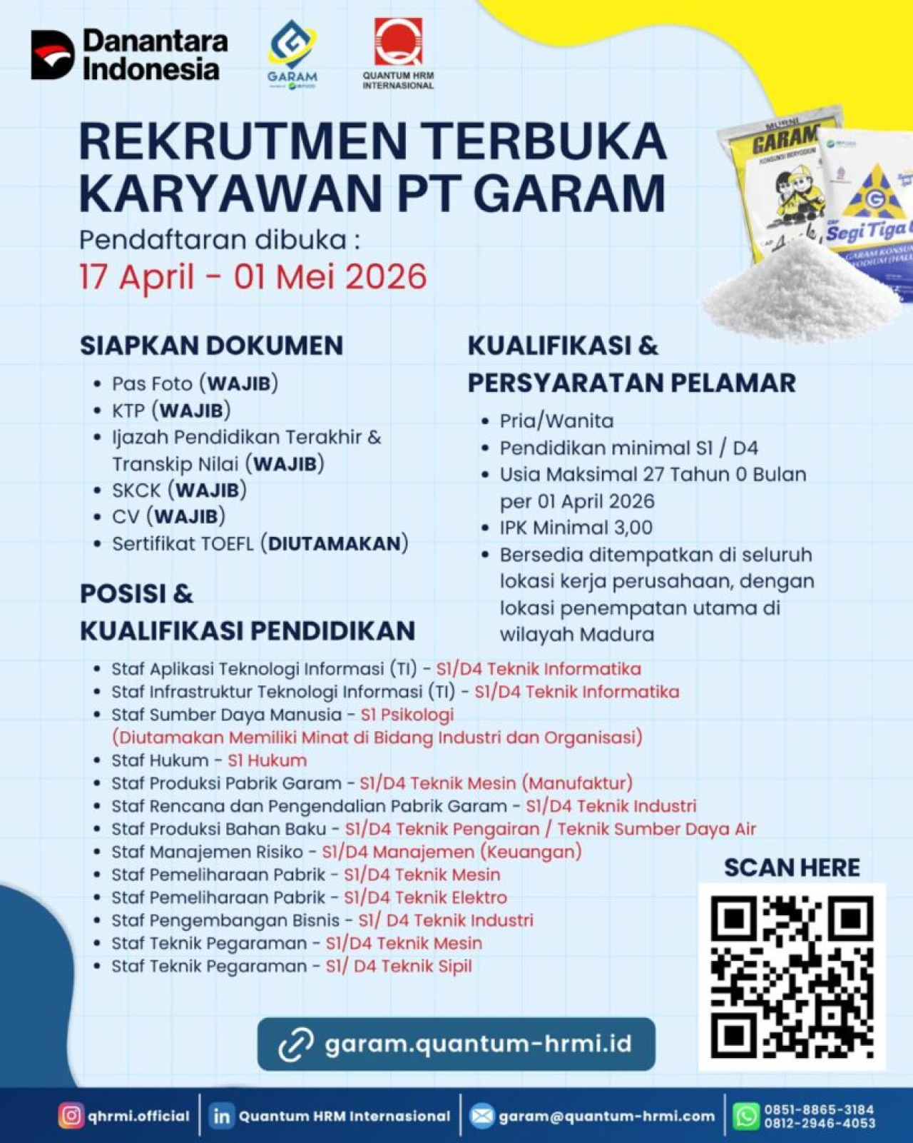 PT Garam Buka Lowongan untuk Lulusan S1/D4, Simak Posisi dan Syaratnya