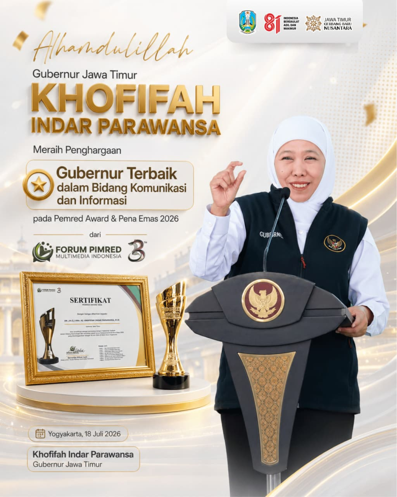 Gubernur Khofifah Raih Penghargaan Pimred Award 2026 Kategori Komunikasi dan Informasi Publik