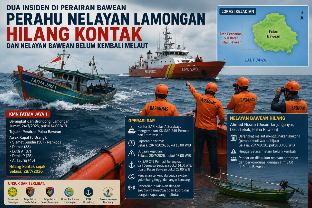 Dua Insiden di Perairan Bawean Gresik, Perahu Nelayan Lamongan Hilang Kontak dan Nelayan Bawean Belum Kembali Melaut